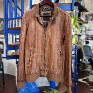 Zara Man Brown Leather Bomber Jacket Zip Front Size L